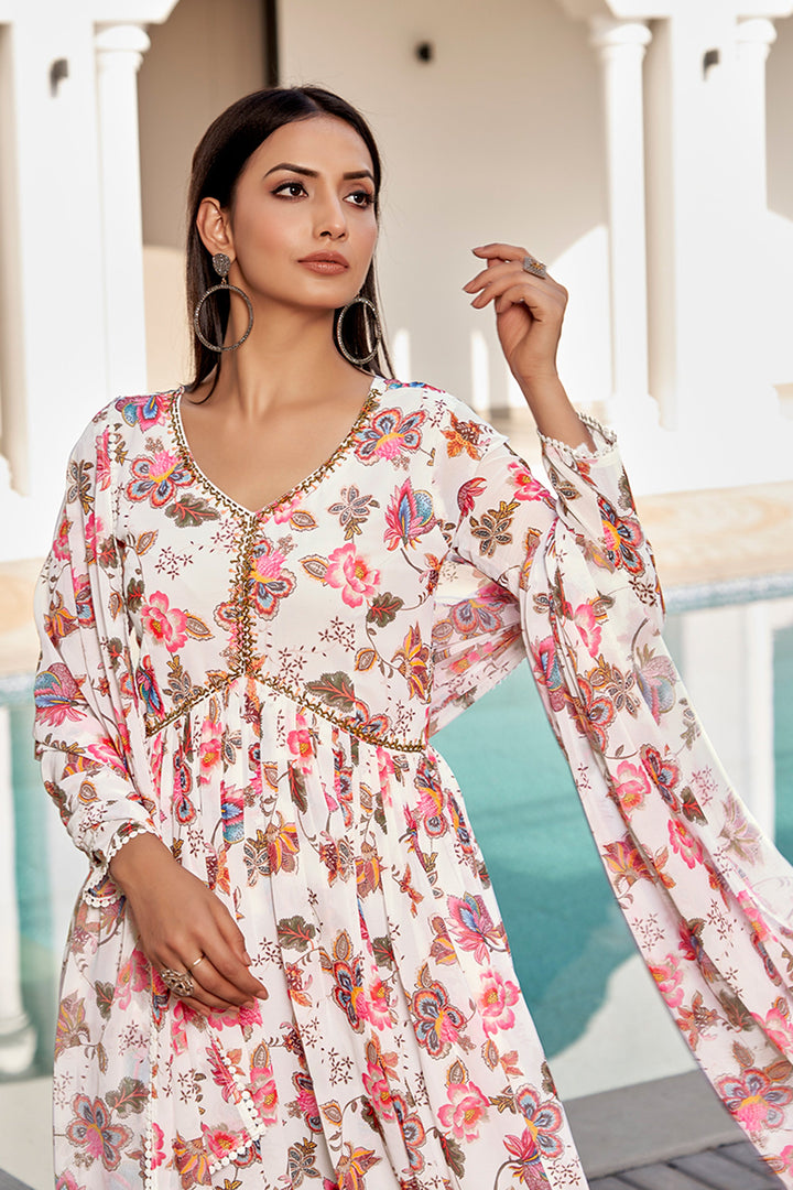 Glamorous White Color Floral Printed Georgette Gown With Dupatta | Buy Online India