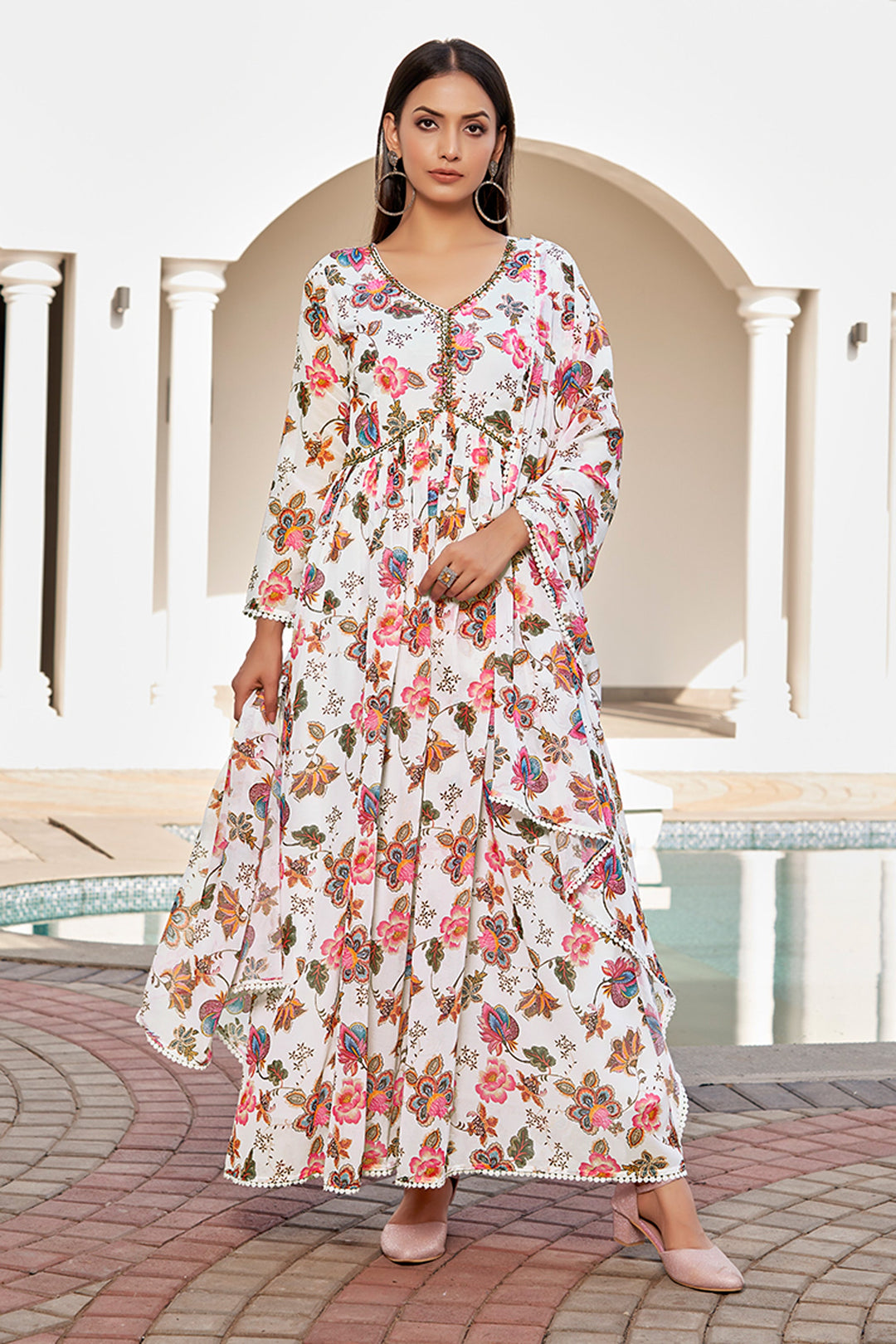 Glamorous White Color Floral Printed Georgette Gown With Dupatta | Buy Online India