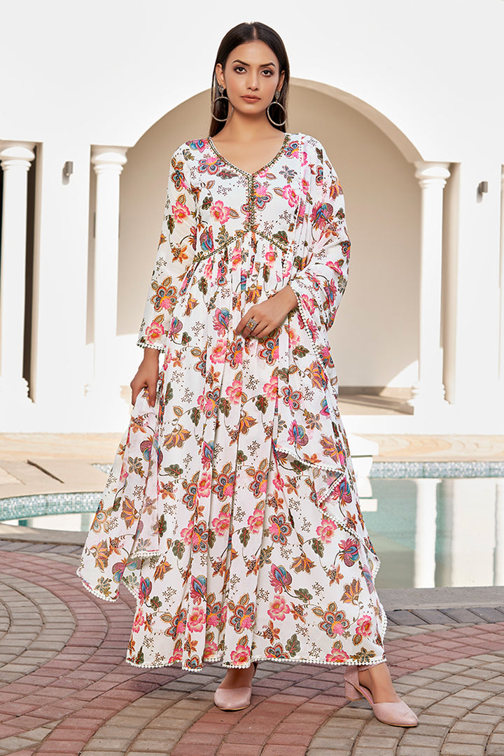 Glamorous White Color Floral Printed Georgette Gown With Dupatta | Buy Online India
