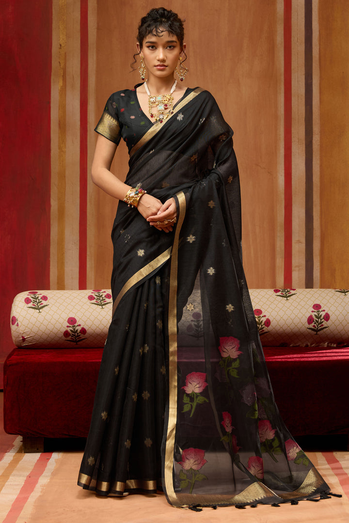 Amazing Black Color Cotton Handloom Weaving Saree