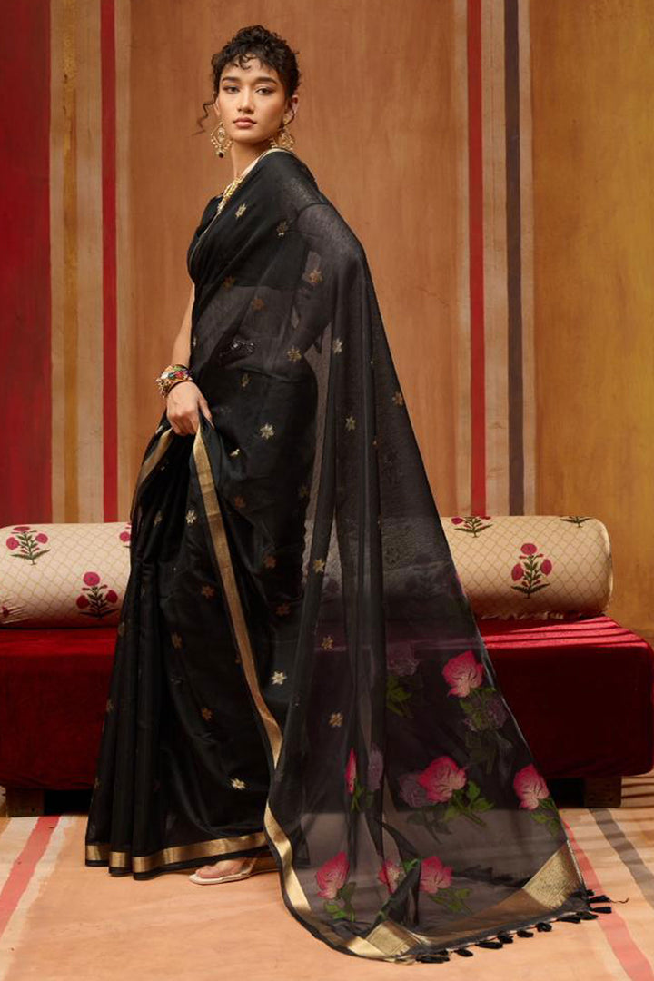Amazing Black Color Cotton Handloom Weaving Saree