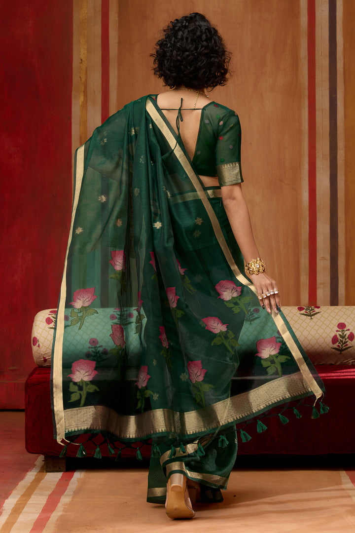 Green Color Chic Cotton Handloom Weaving Saree