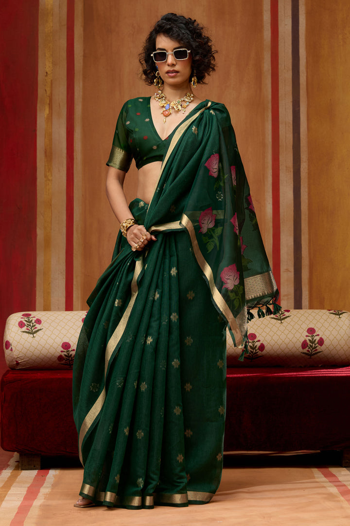 Green Color Chic Cotton Handloom Weaving Saree
