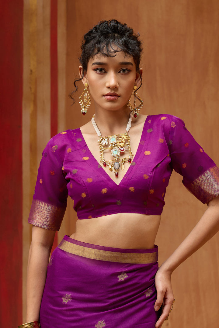 Soothing Purple Color Cotton Handloom Weaving Saree