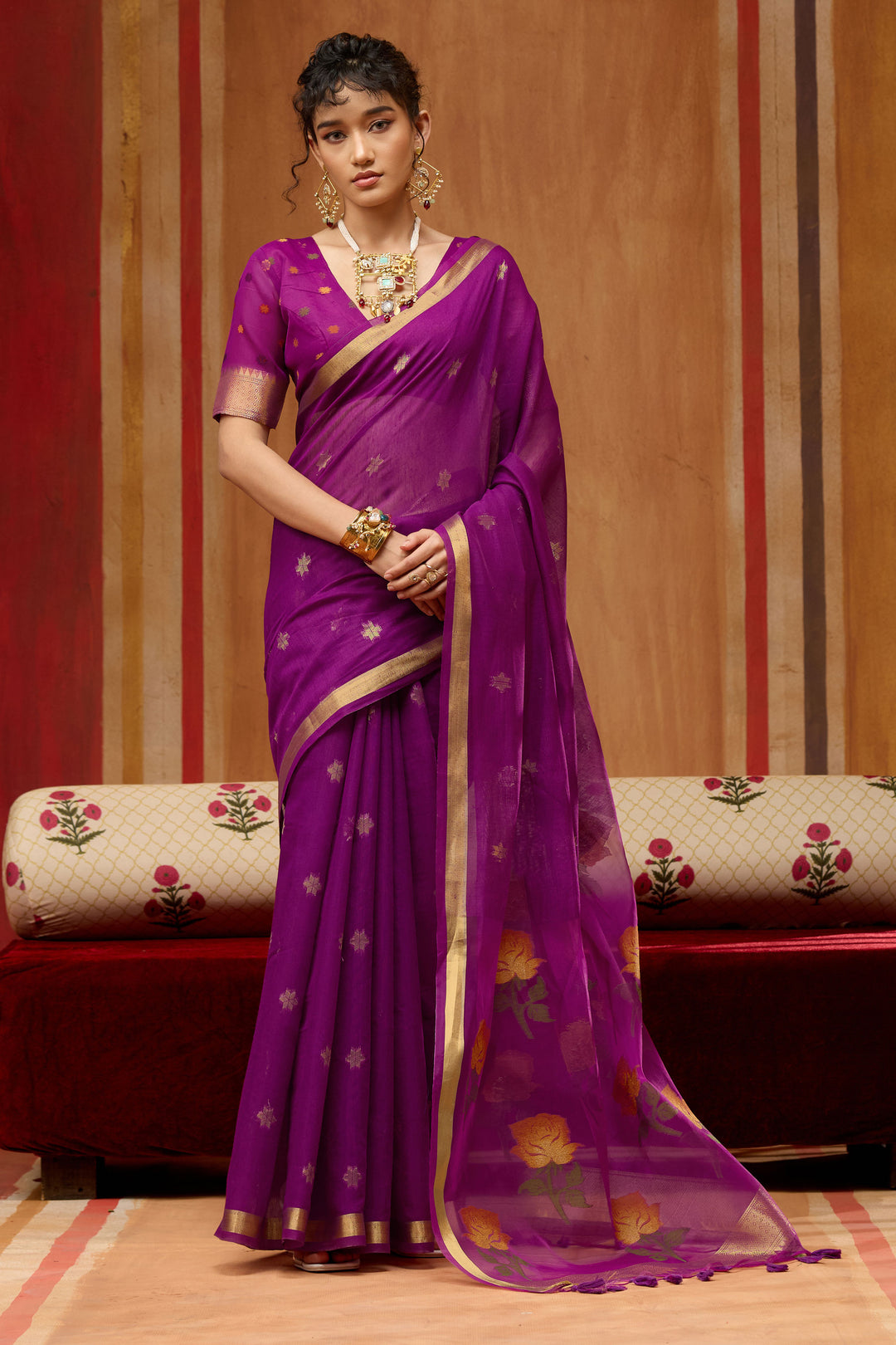 Soothing Purple Color Cotton Handloom Weaving Saree