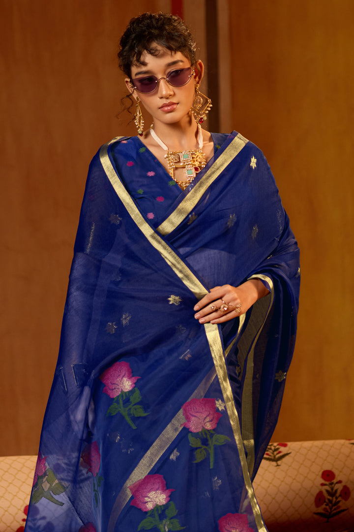 Blue Color Gorgeous Cotton Handloom Weaving Saree