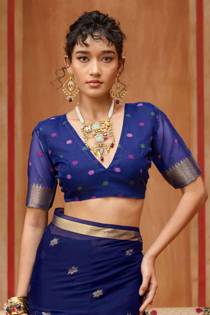 Blue Color Gorgeous Cotton Handloom Weaving Saree