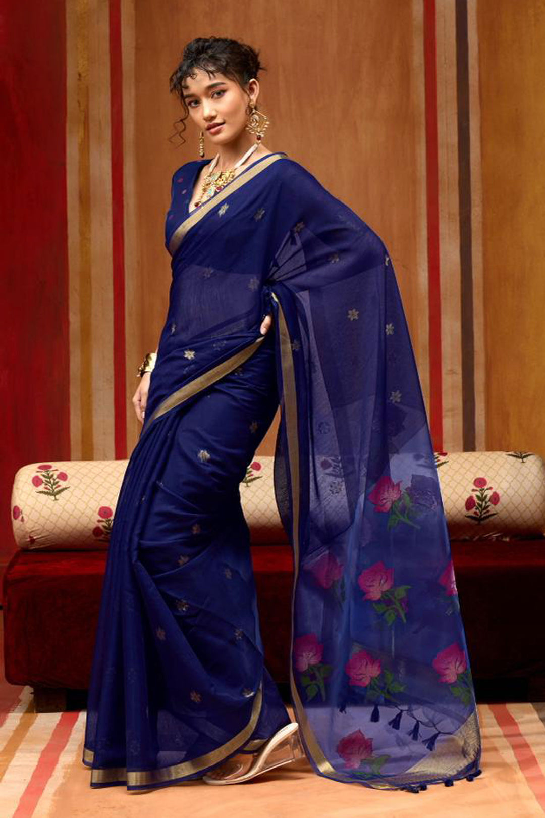Blue Color Gorgeous Cotton Handloom Weaving Saree