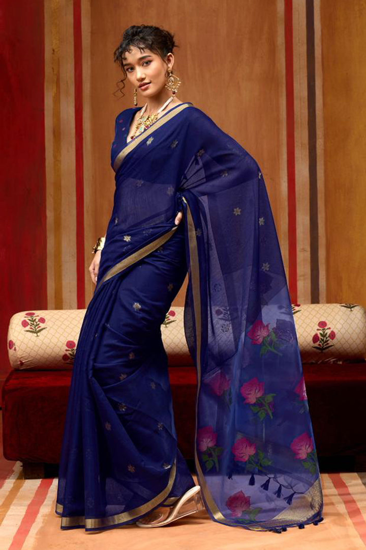 Blue Color Gorgeous Cotton Handloom Weaving Saree