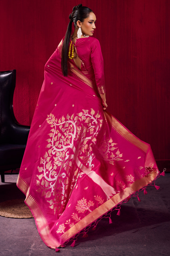 Heavy Handloom Weaving Magenta Color Satin Linen Silk Saree | Buy Online India