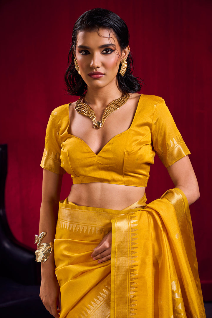 Trendy Yellow Color Handloom Weaving Satin Linen Silk Saree | Buy Online India