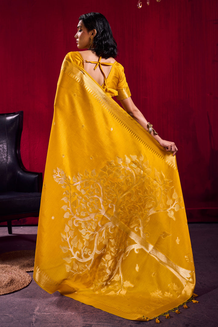 Trendy Yellow Color Handloom Weaving Satin Linen Silk Saree | Buy Online India