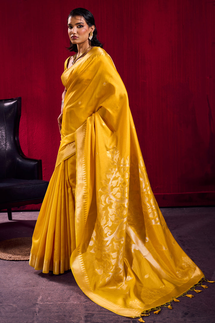 Trendy Yellow Color Handloom Weaving Satin Linen Silk Saree | Buy Online India