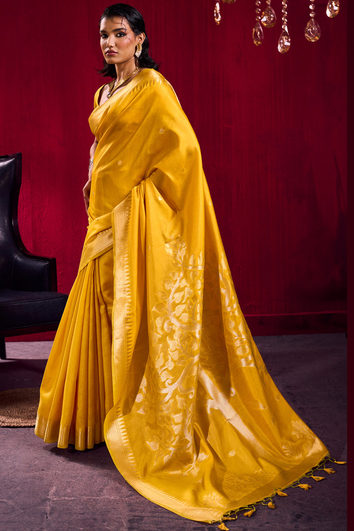 Trendy Yellow Color Handloom Weaving Satin Linen Silk Saree | Buy Online India