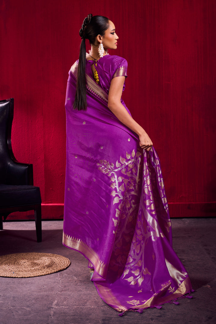 Exclusive Handloom Weaving On Purple Color Satin Linen Silk Saree | Buy Online India