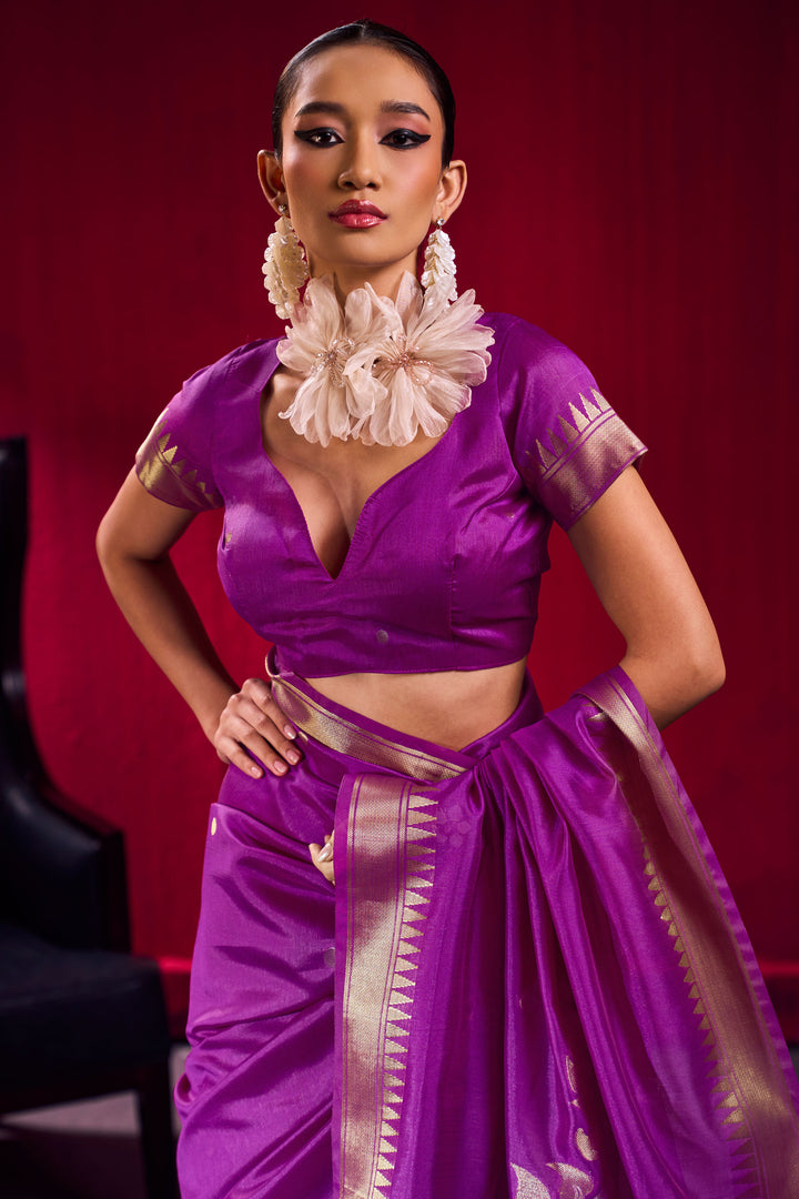 Exclusive Handloom Weaving On Purple Color Satin Linen Silk Saree | Buy Online India