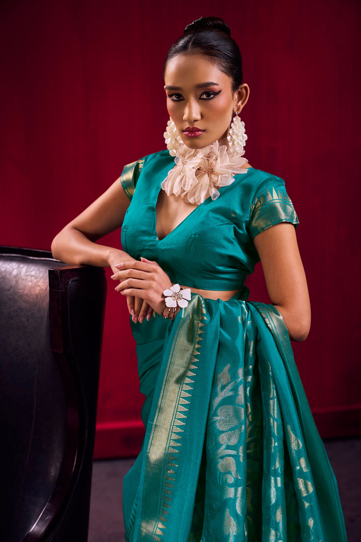 Teal Color Exquisite Handloom Weaving Satin Linen Silk Saree | Buy Online India