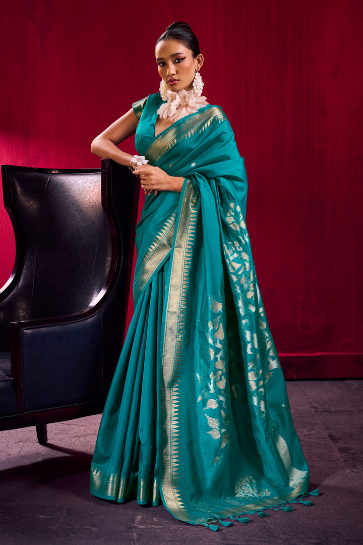 Teal Color Exquisite Handloom Weaving Satin Linen Silk Saree | Buy Online India