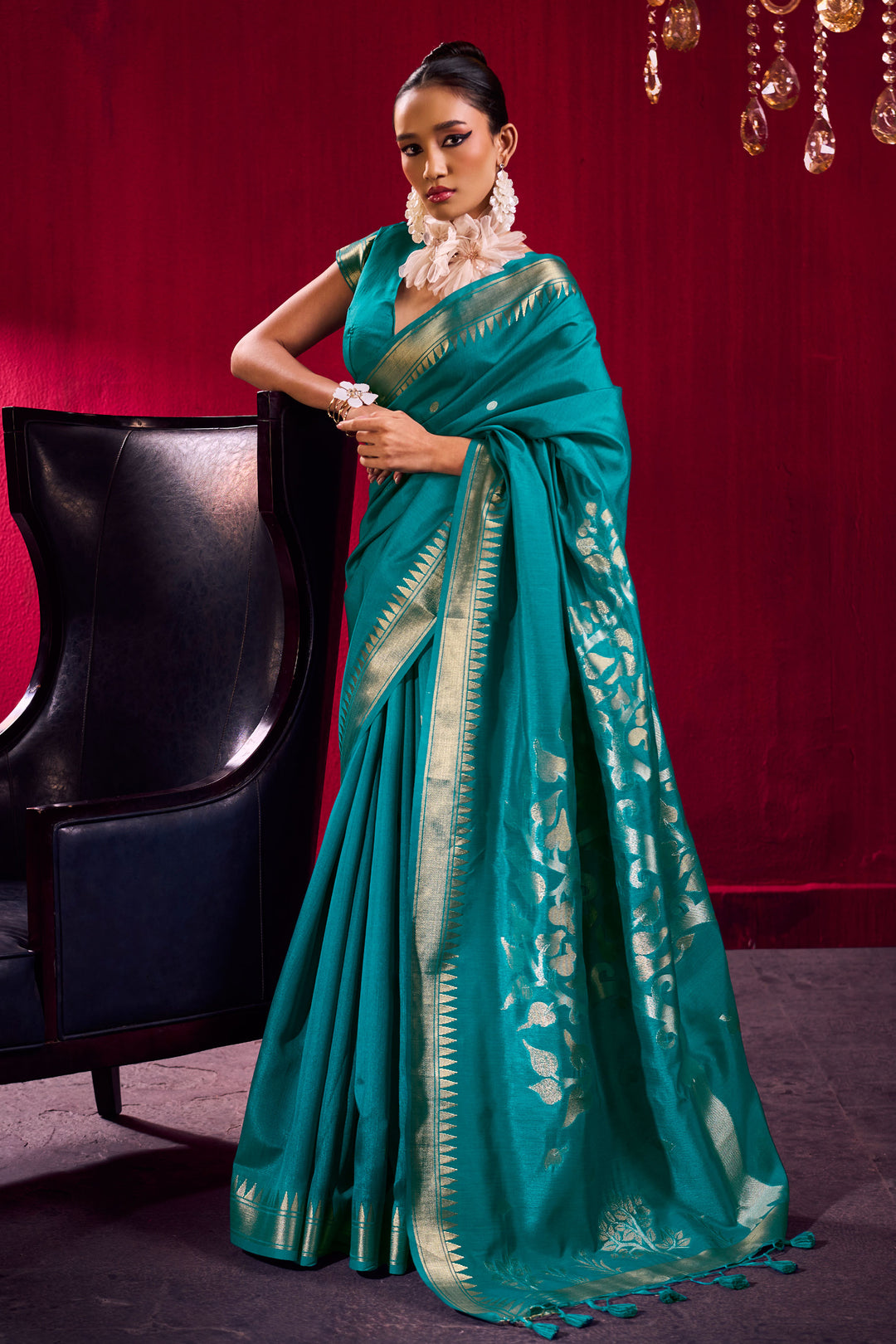 Teal Color Exquisite Handloom Weaving Satin Linen Silk Saree | Buy Online India