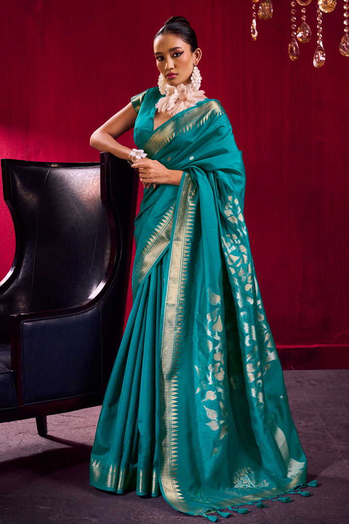 Teal Color Exquisite Handloom Weaving Satin Linen Silk Saree | Buy Online India