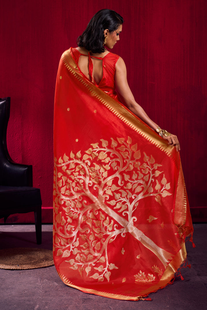 Attractive Red Color Satin Linen Silk Saree With Handloom Weaving | Buy Online India
