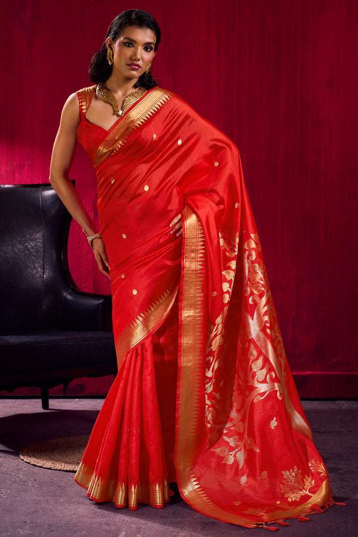 Attractive Red Color Satin Linen Silk Saree With Handloom Weaving | Buy Online India