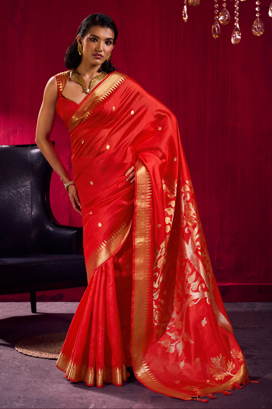 Attractive Red Color Satin Linen Silk Saree With Handloom Weaving | Buy Online India