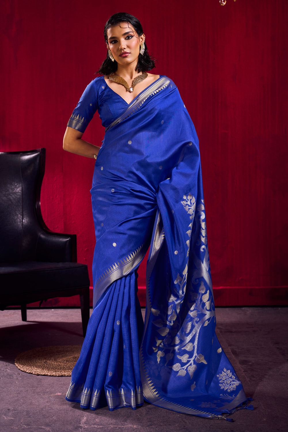 Handloom Weaving On Blue Color Amazing Satin Linen Silk Saree | Buy Online India