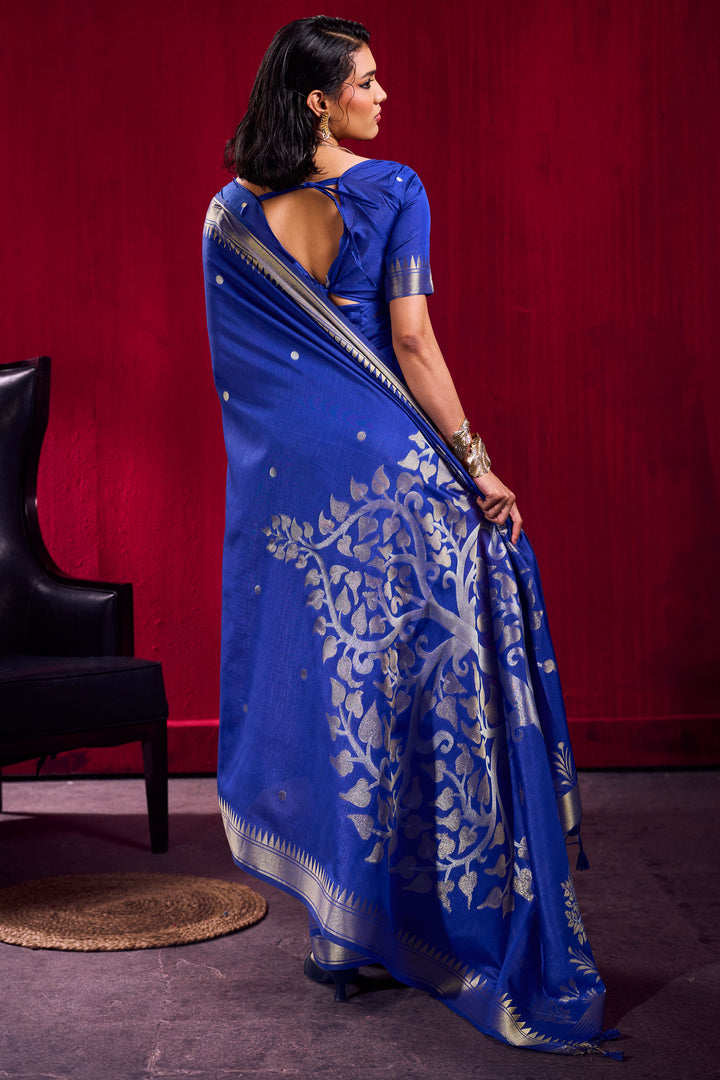 Handloom Weaving On Blue Color Amazing Satin Linen Silk Saree | Buy Online India