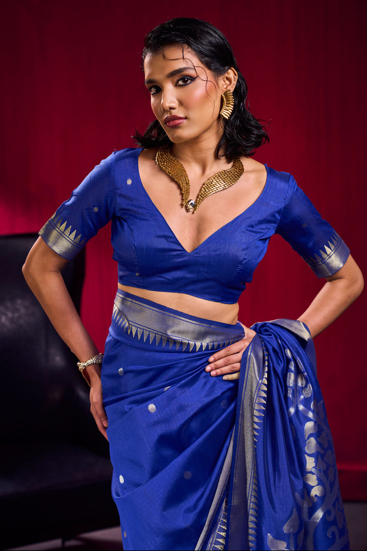Handloom Weaving On Blue Color Amazing Satin Linen Silk Saree | Buy Online India