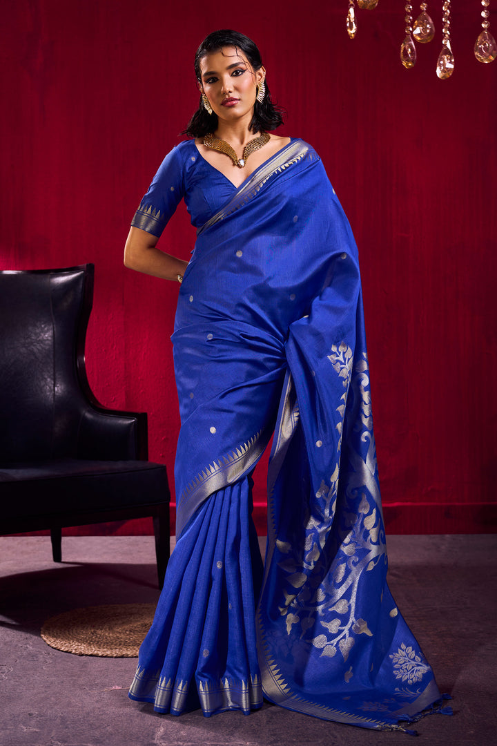Handloom Weaving On Blue Color Amazing Satin Linen Silk Saree | Buy Online India