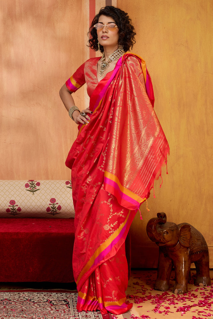 Red Gorgeous Satin Silk Saree With Weaving Work