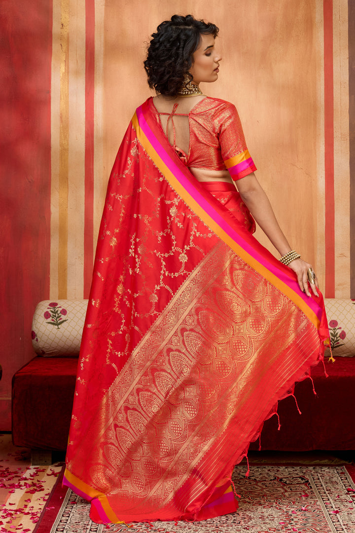 Red Gorgeous Satin Silk Saree With Weaving Work