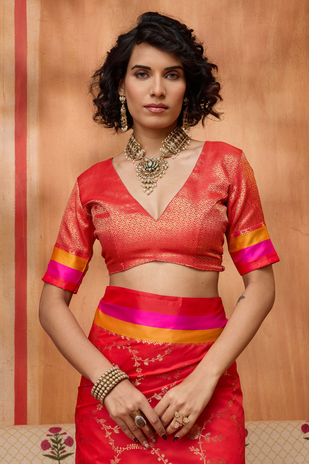 Red Gorgeous Satin Silk Saree With Weaving Work