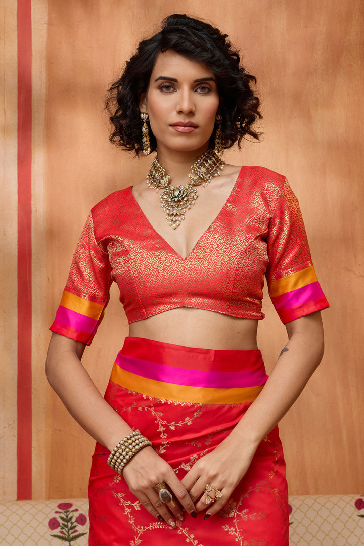 Red Gorgeous Satin Silk Saree With Weaving Work