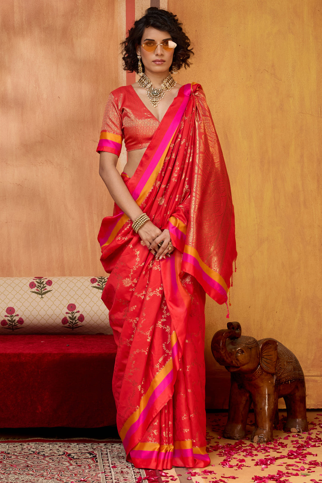 Red Gorgeous Satin Silk Saree With Weaving Work
