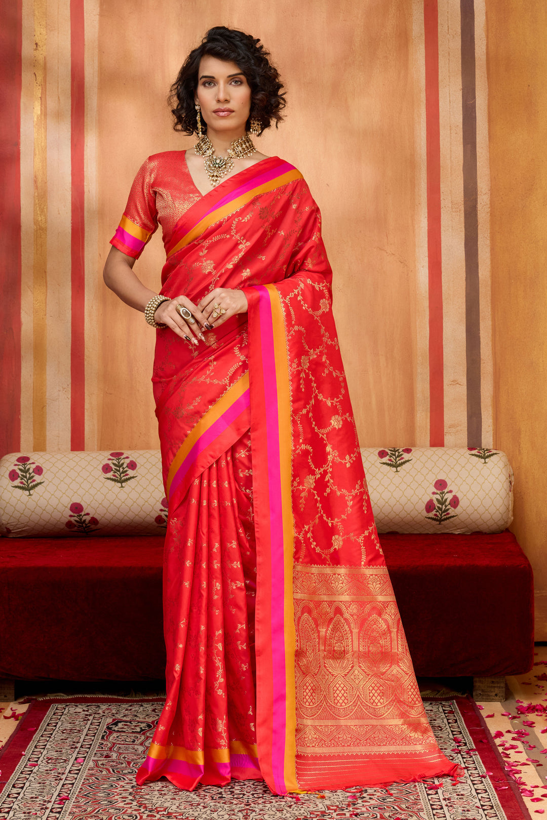 Red Gorgeous Satin Silk Saree With Weaving Work