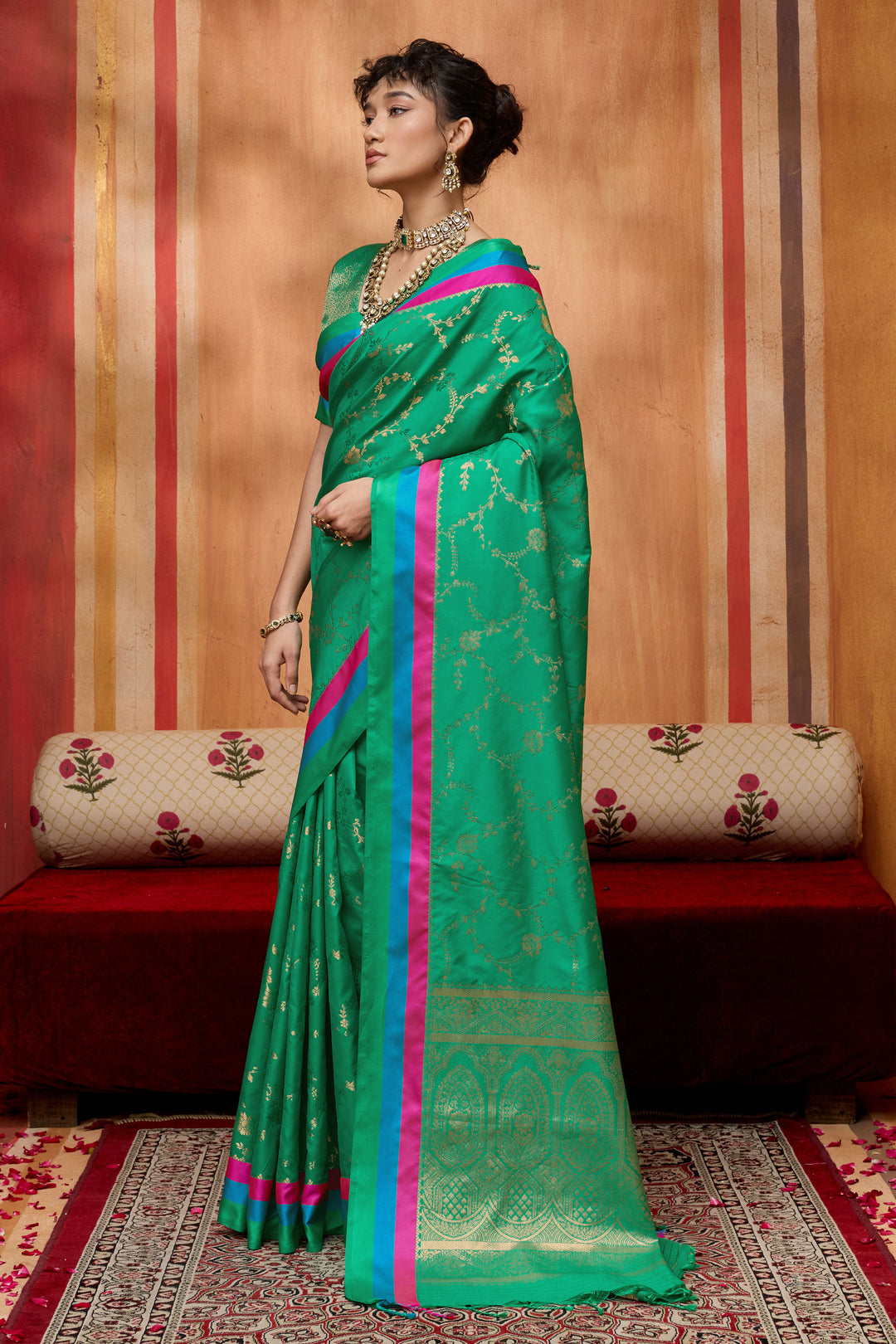 Green Weaving Work Lovely Satin Silk Saree