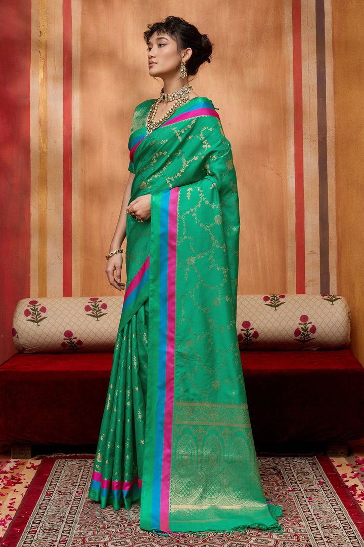 Green Weaving Work Lovely Satin Silk Saree