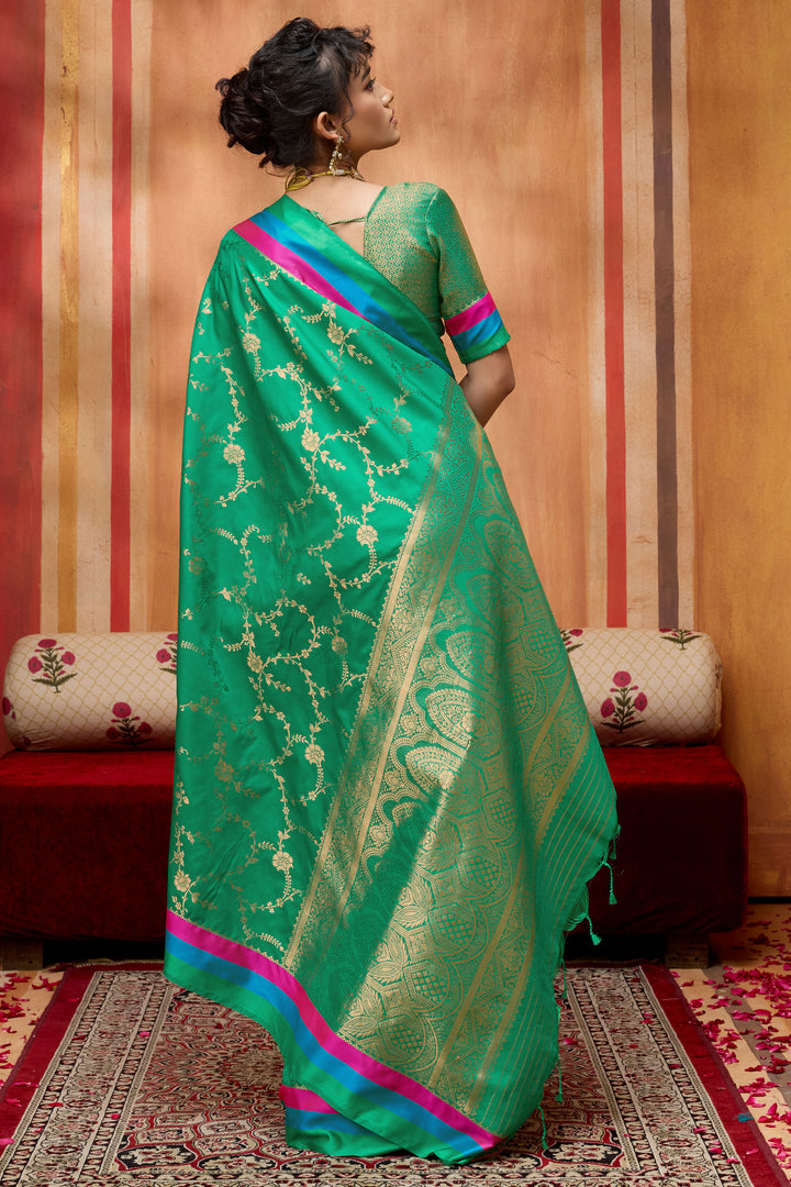 Green Weaving Work Lovely Satin Silk Saree