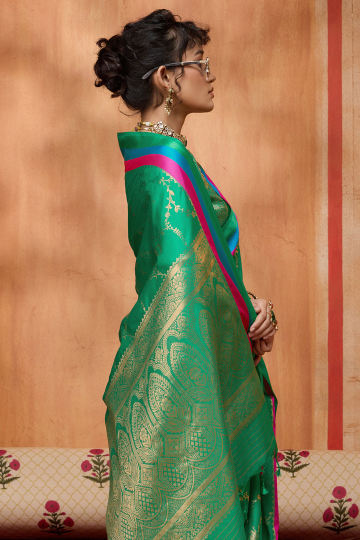 Green Weaving Work Lovely Satin Silk Saree