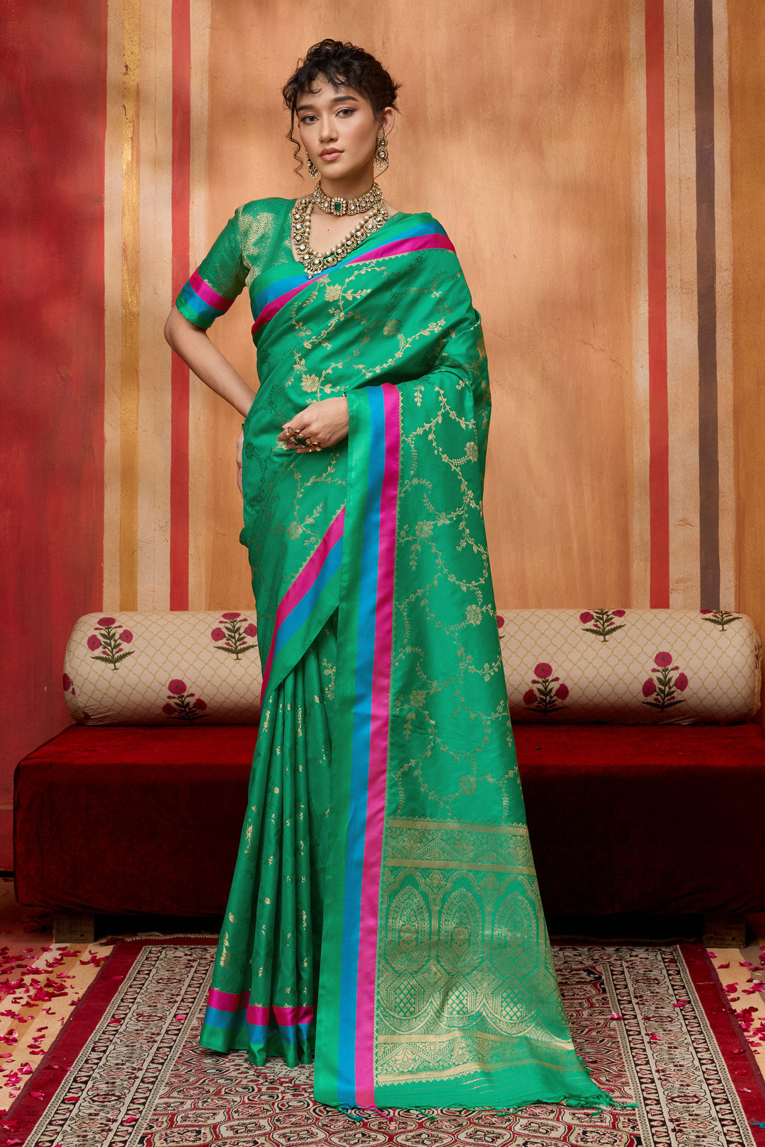 Green Weaving Work Lovely Satin Silk Saree