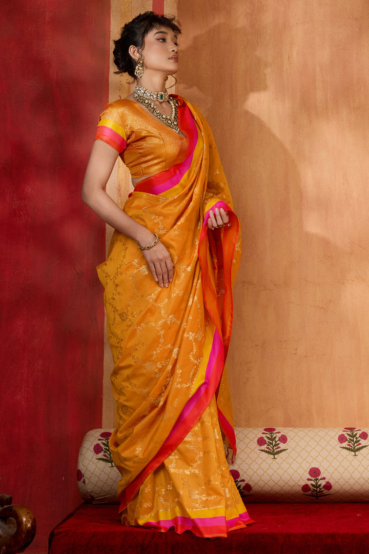 Mustard Color Weaving Work Brilliant Satin Silk Saree