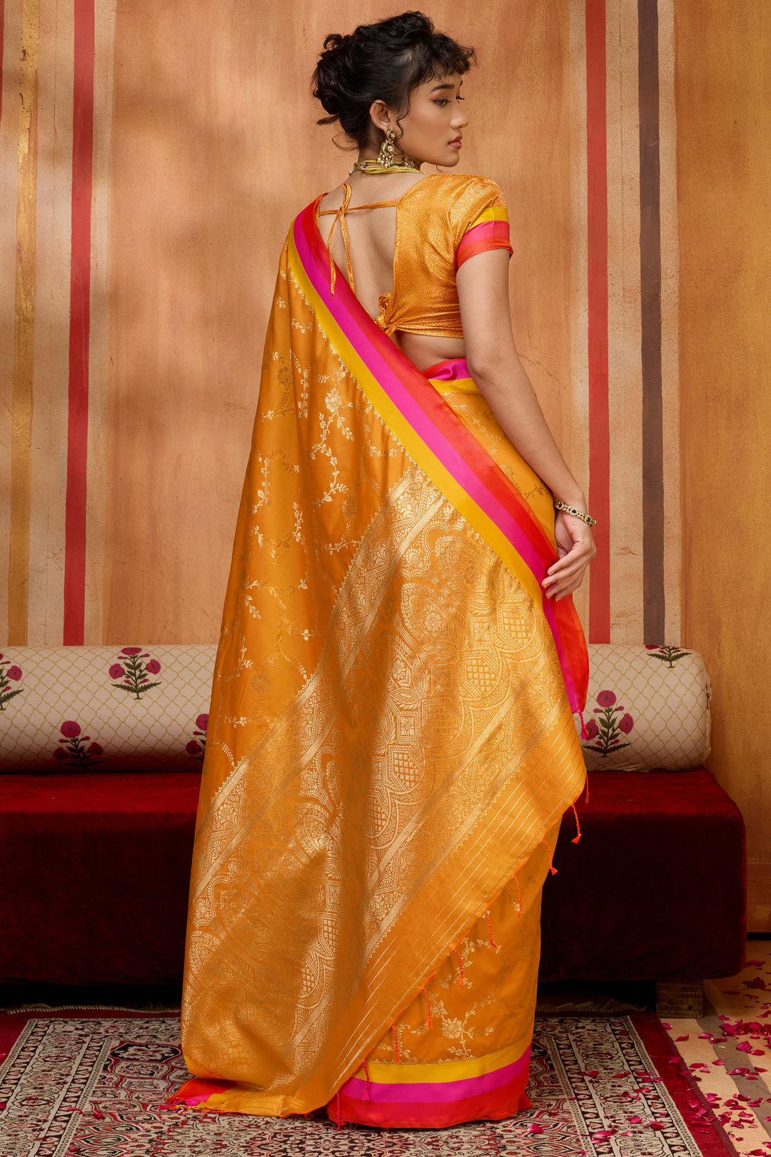Mustard Color Weaving Work Brilliant Satin Silk Saree