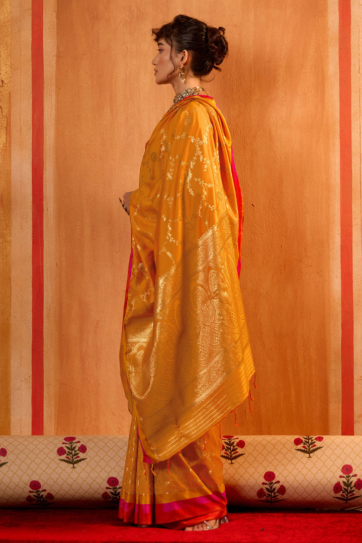 Mustard Color Weaving Work Brilliant Satin Silk Saree