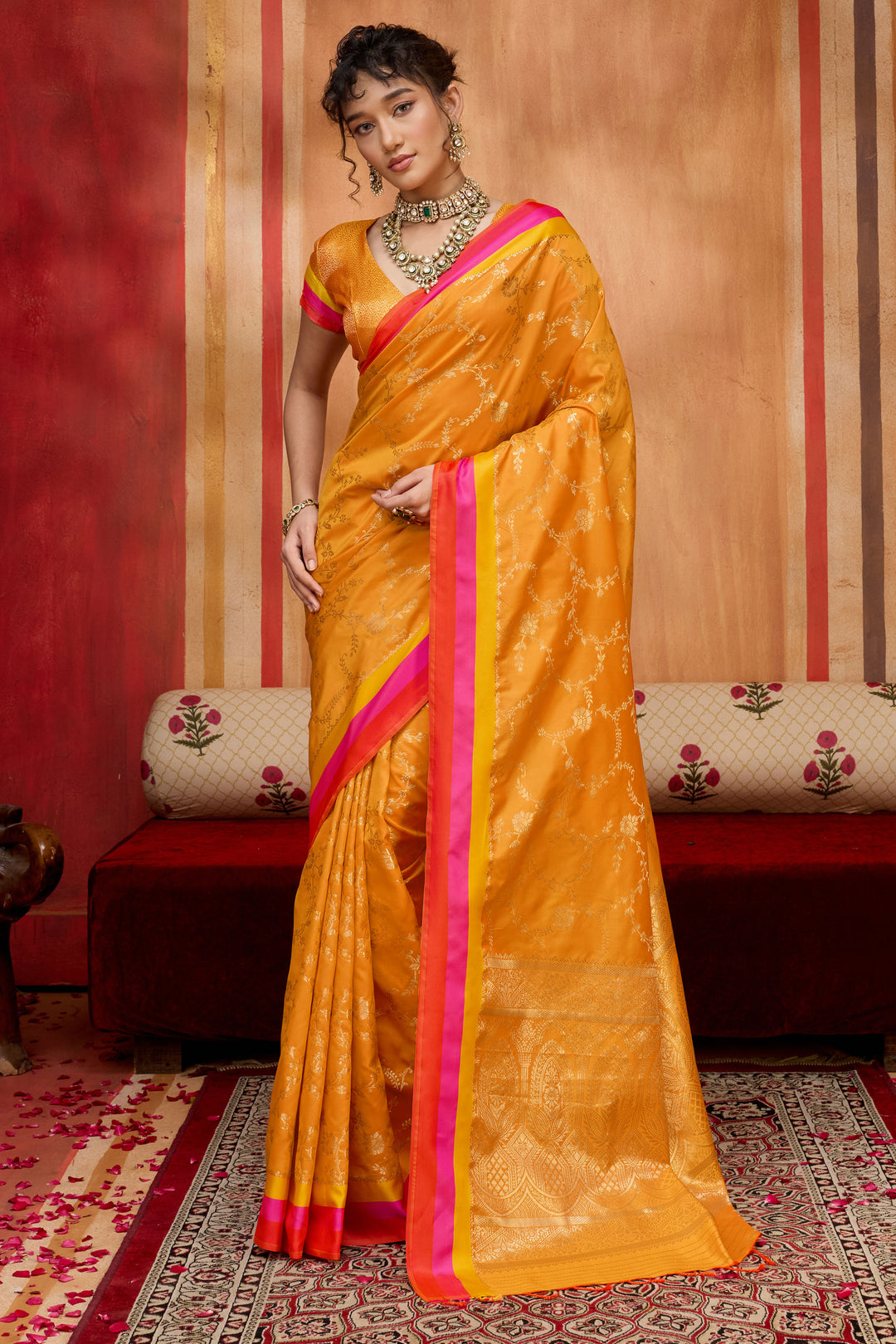Mustard Color Weaving Work Brilliant Satin Silk Saree