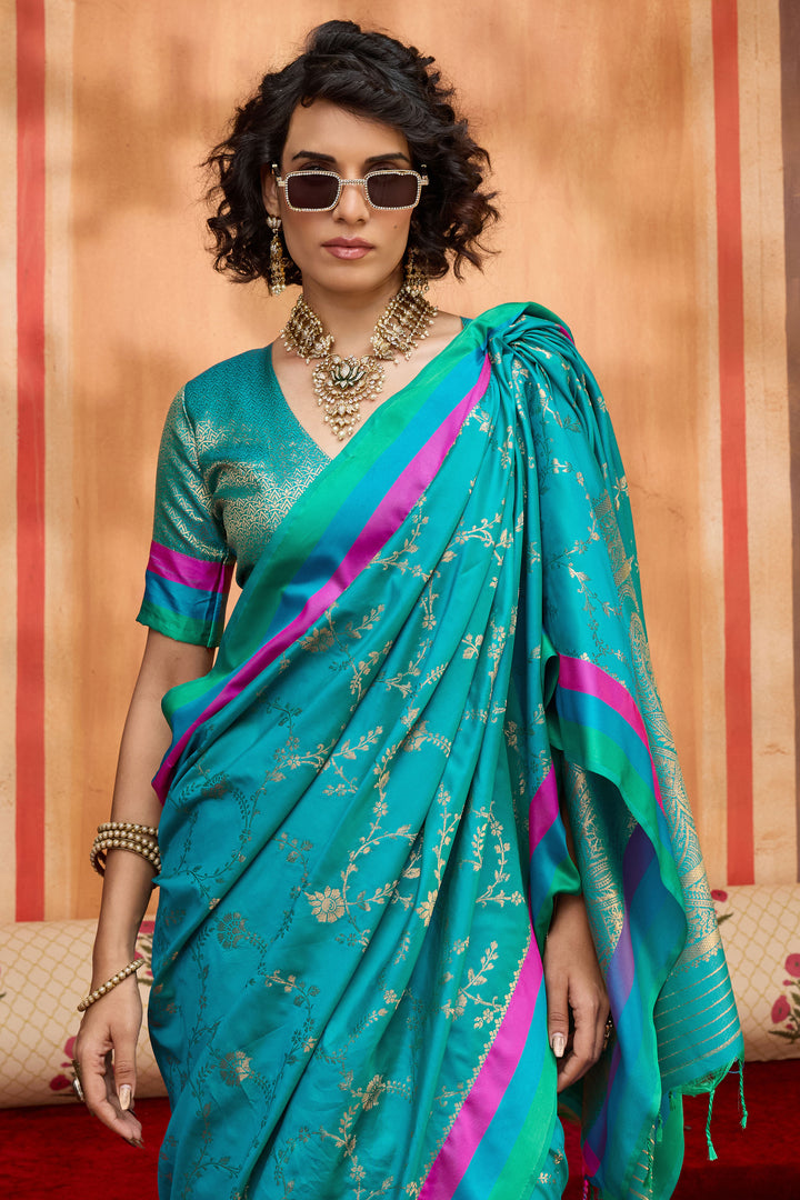 Weaving Work Attractive Satin Silk Saree In Teal Color