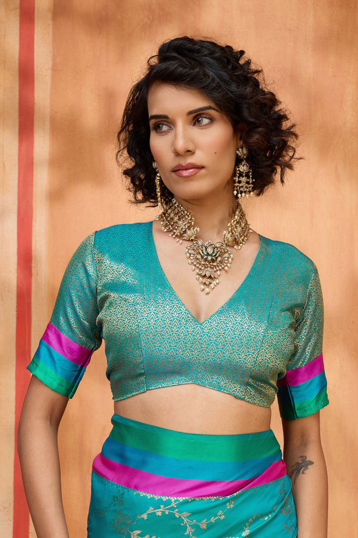 Weaving Work Attractive Satin Silk Saree In Teal Color