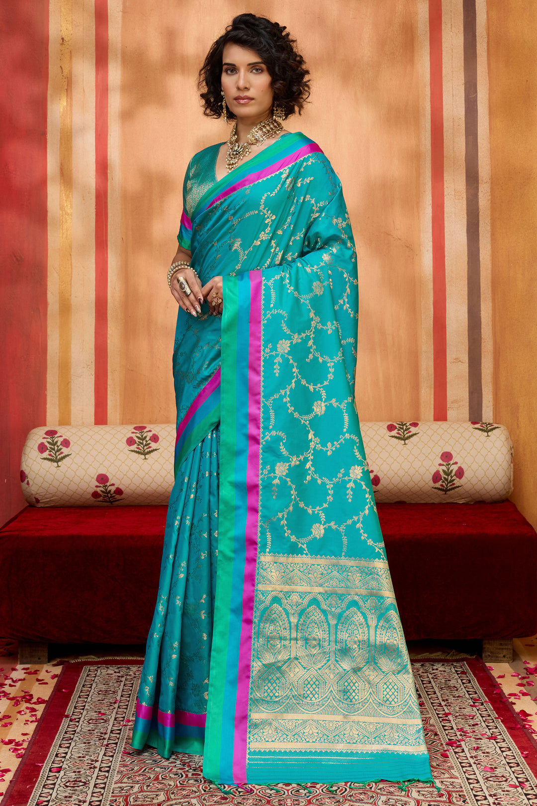 Weaving Work Attractive Satin Silk Saree In Teal Color