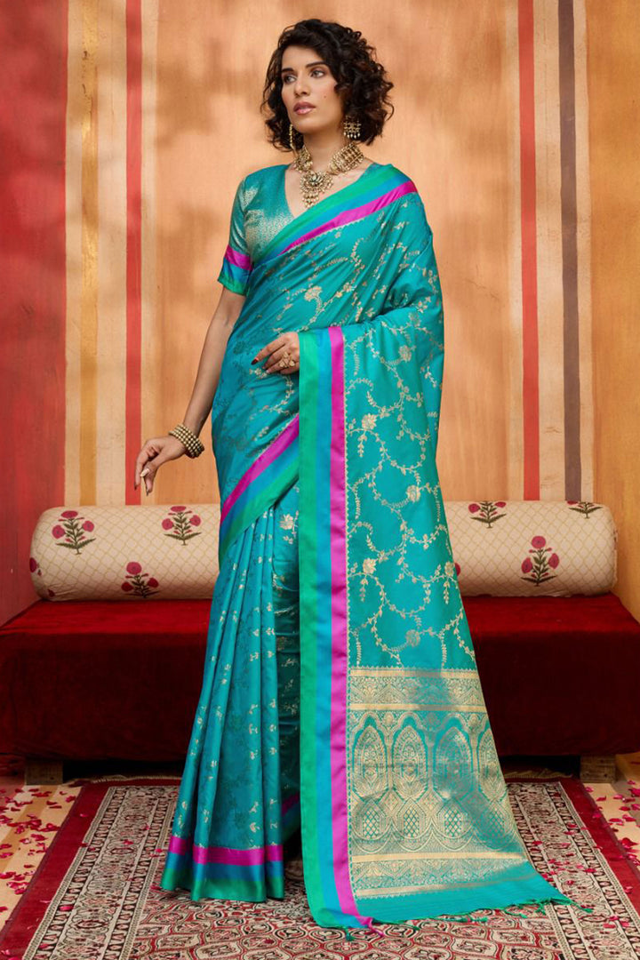 Weaving Work Attractive Satin Silk Saree In Teal Color